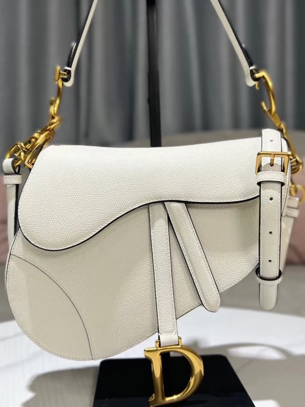 Creamy White Designer-Inspired Saddle Hand/Crossbody Bag with Gold Hardware